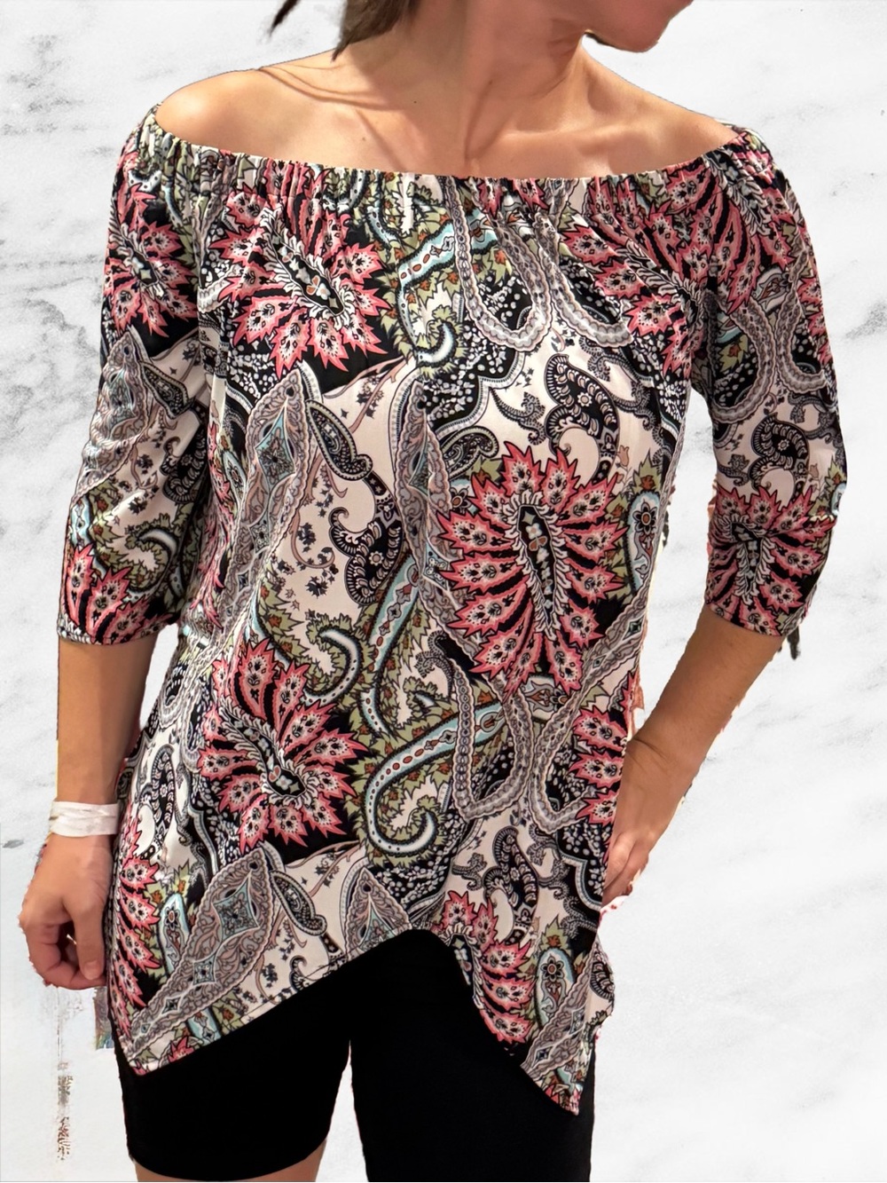 Y2K ECI Off-Shoulder Paisley Tunic in Coral, Black and Cream